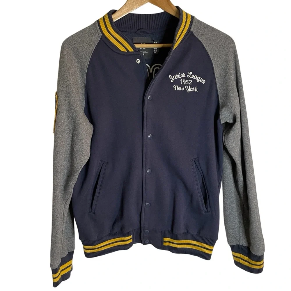 H&M G. Mills Junior League 1952 NY Letterman Navy Blue & Grey Jacket Size 14Y
